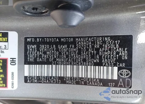 2017 Toyota Corolla Xse from USA, damaged, VIN 2T1BURHEXHC838880